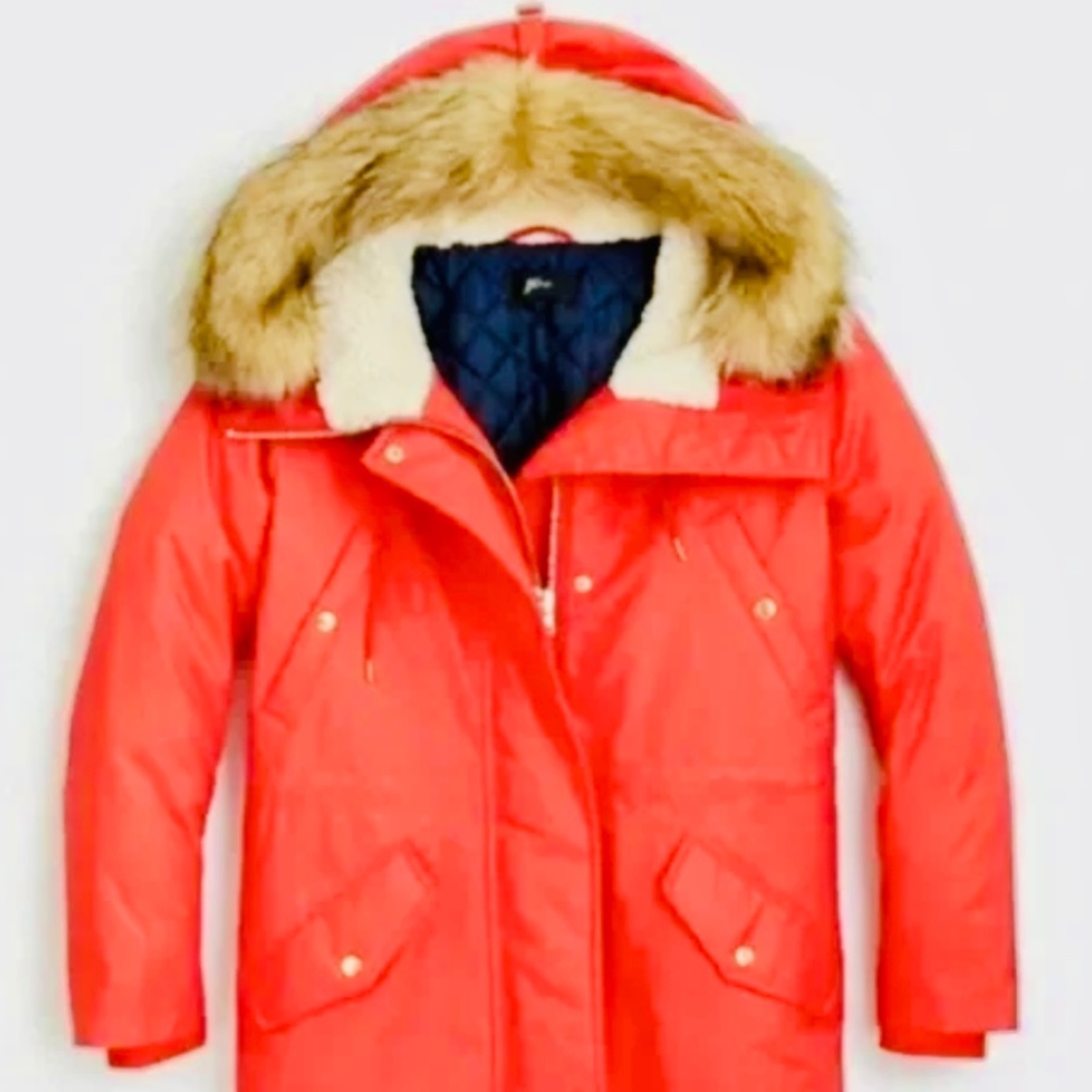 J.Crew Perfect Winter Waxed Canvas Parka Primaloft Faux Fur Red